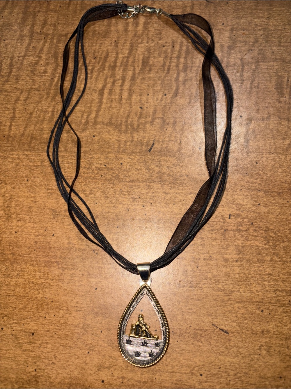 Gold Teardrop barrel racing  Necklace with Black Ribbon Chain